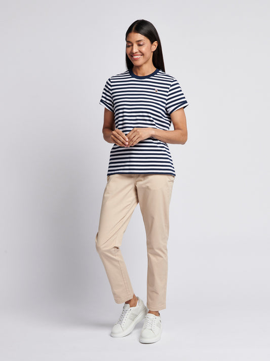 Womens Stripe Crew Neck T-Shirt in Navy Iris