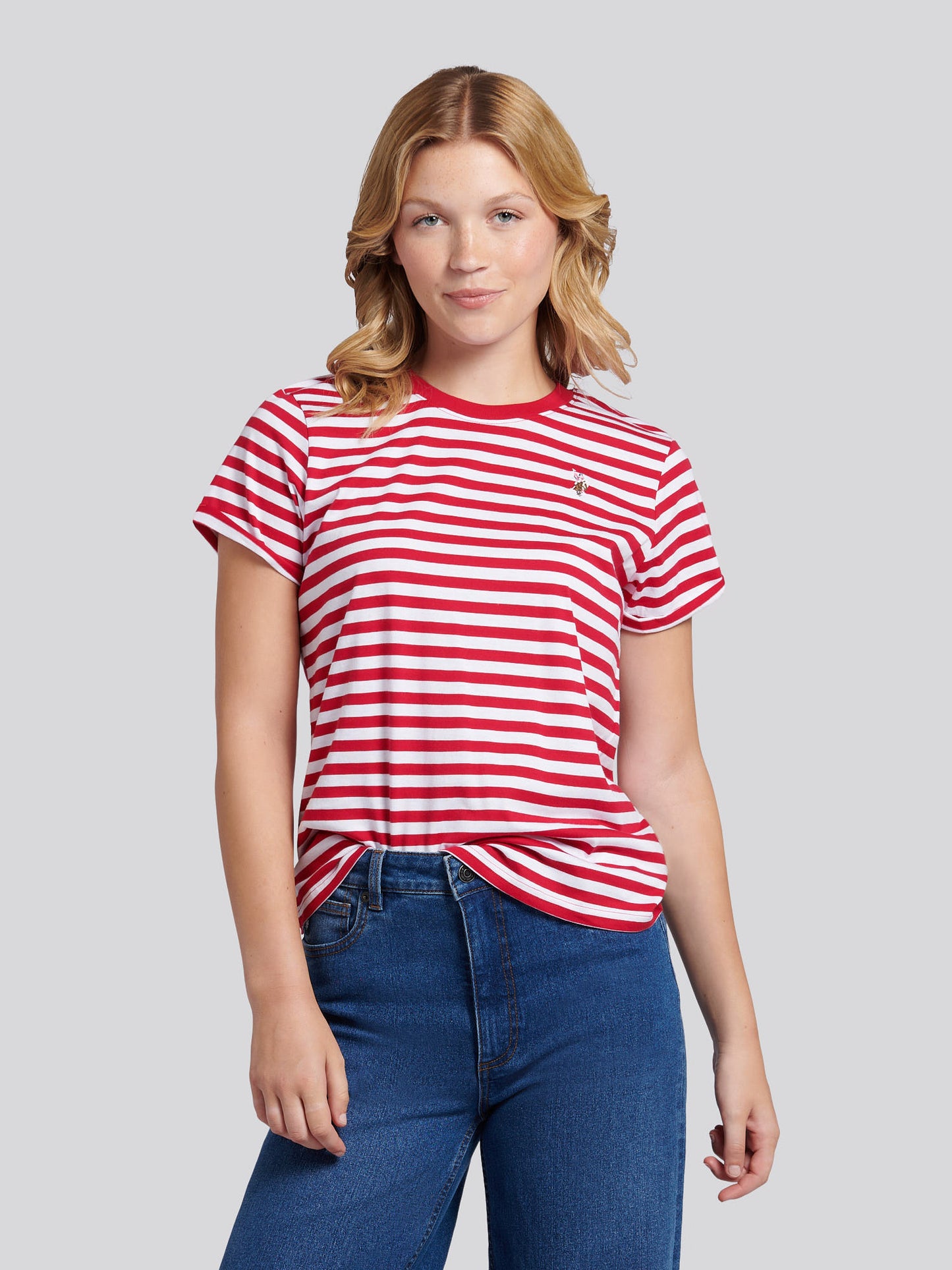 Womens Stripe Crew Neck T-Shirt in Jalapeno Red