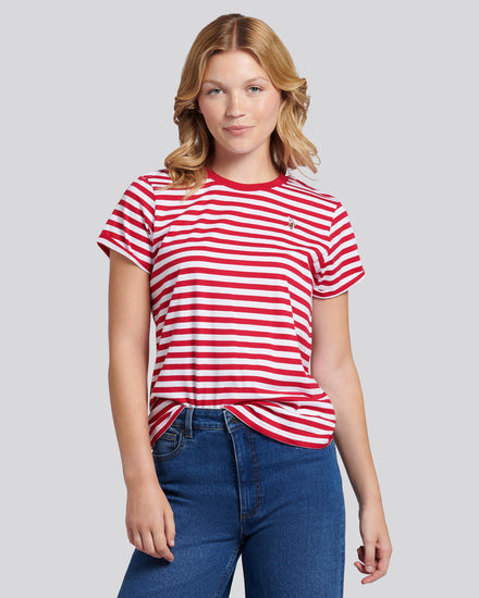 Womens Stripe Crew Neck T-Shirt in Jalapeno Red