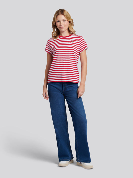 Womens Stripe Crew Neck T-Shirt in Jalapeno Red