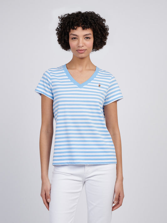 Womens Stripe V-Neck Neck T-Shirt in Vista Blue