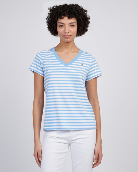 Womens Stripe V-Neck Neck T-Shirt in Vista Blue
