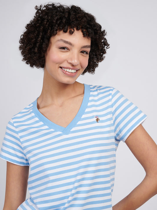 Womens Stripe V-Neck Neck T-Shirt in Vista Blue