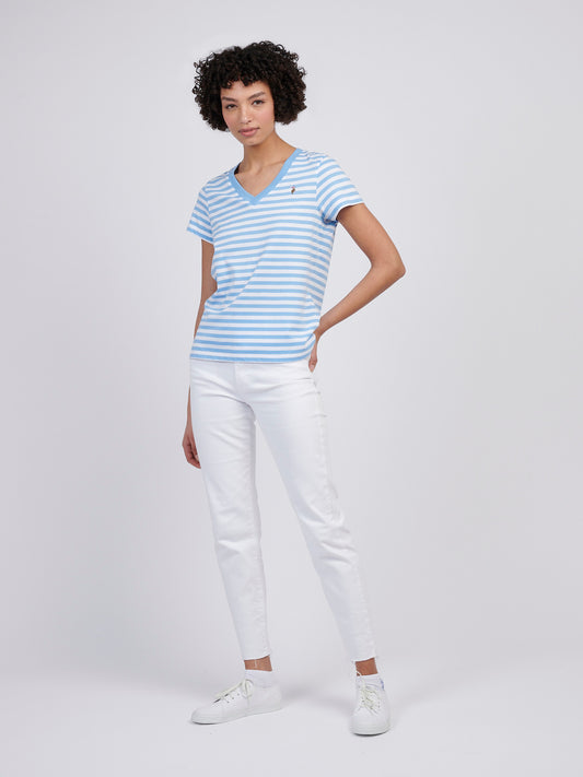 Womens Stripe V-Neck Neck T-Shirt in Vista Blue