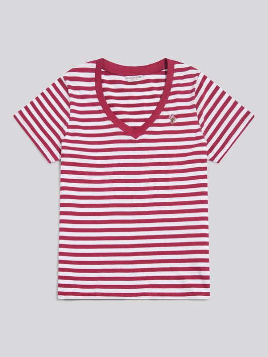 Womens Stripe V-Neck Neck T-Shirt Beaujolais