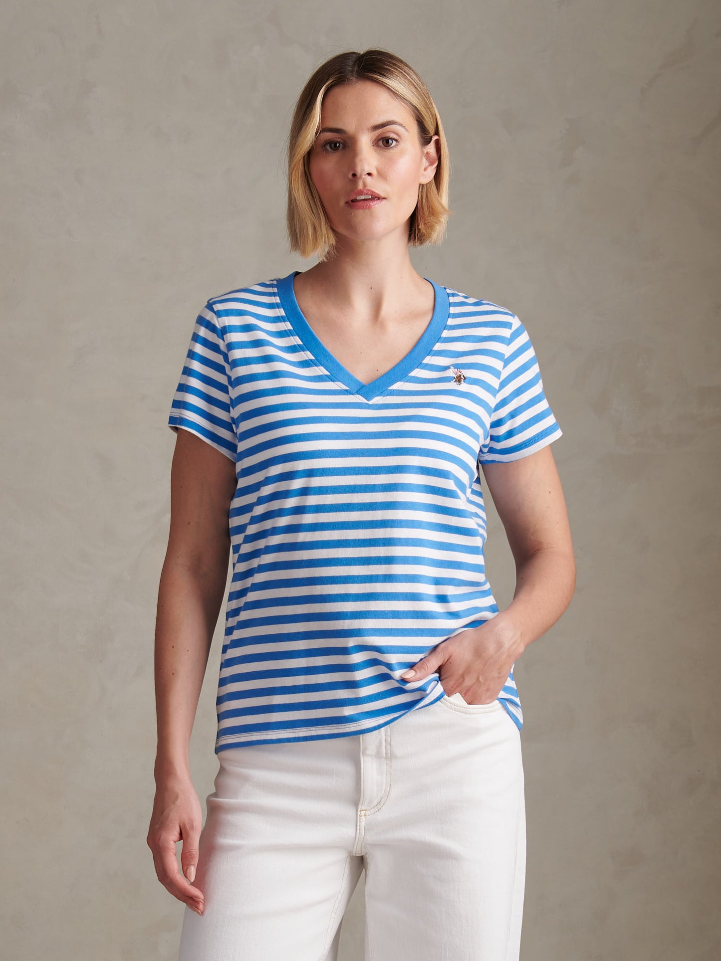 Womens Stripe V-Neck Neck T-Shirt Regatta Blue