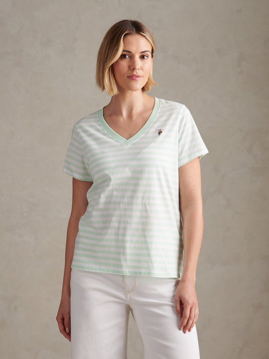 Womens Stripe V-Neck Neck T-Shirt Misty Jade