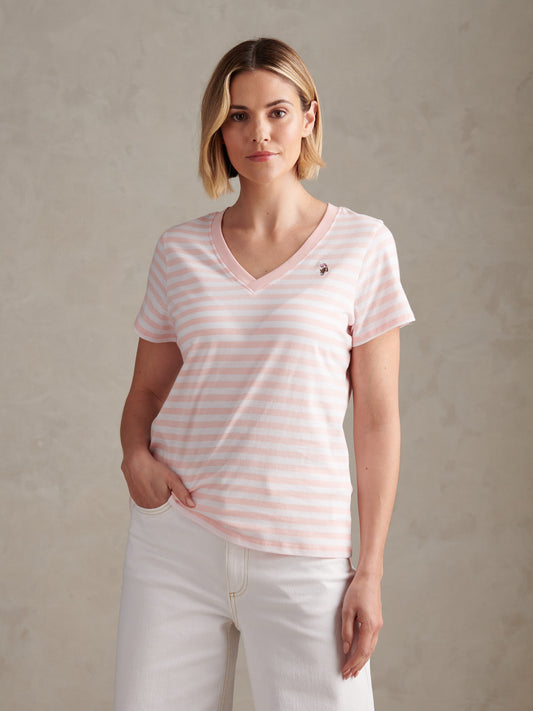 Womens Stripe V-Neck Neck T-Shirt Crystal Rose