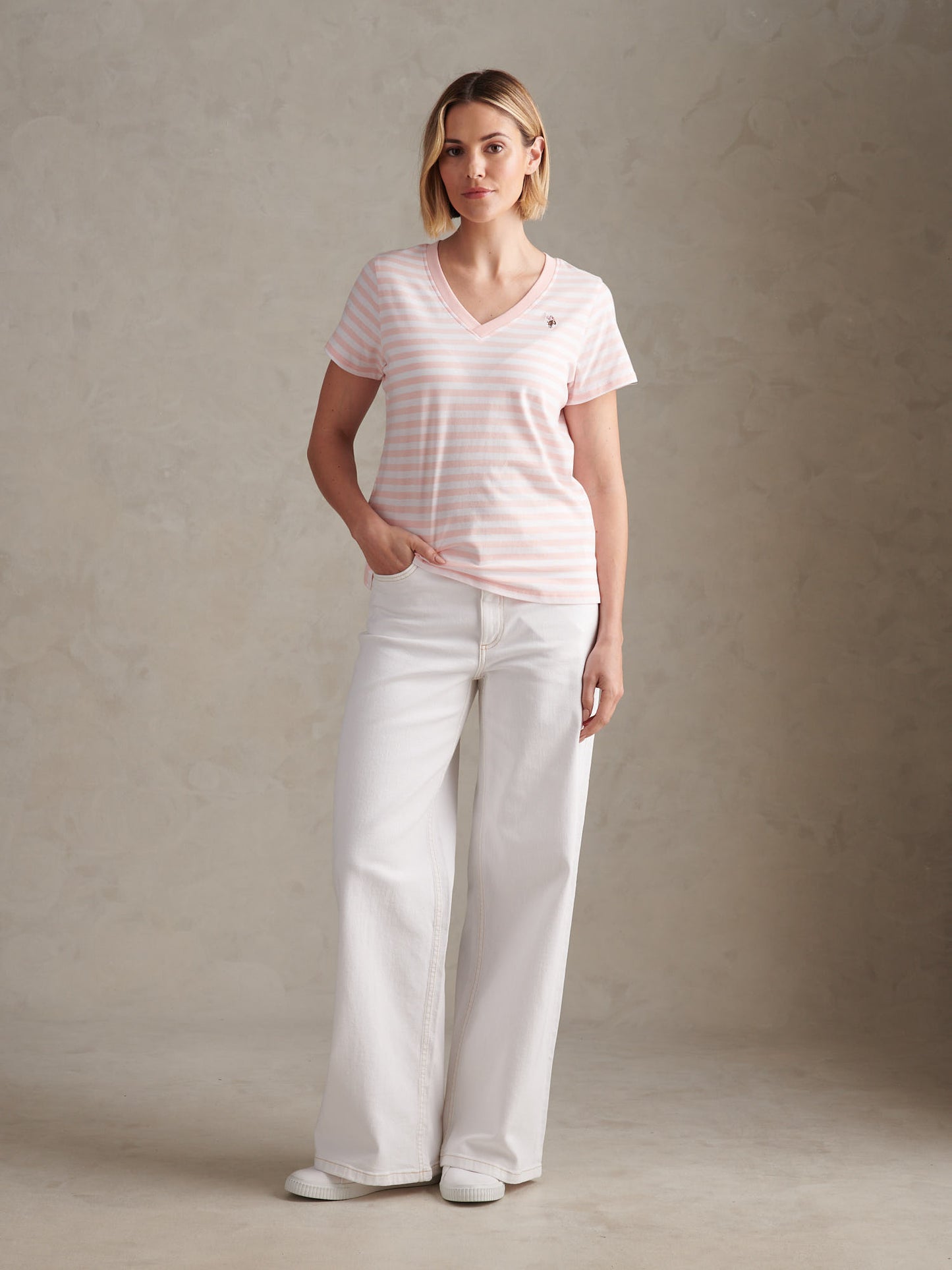 Womens Stripe V-Neck Neck T-Shirt Crystal Rose