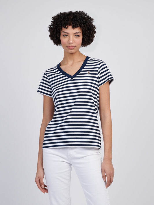 Womens Stripe V-Neck Neck T-Shirt Navy Iris