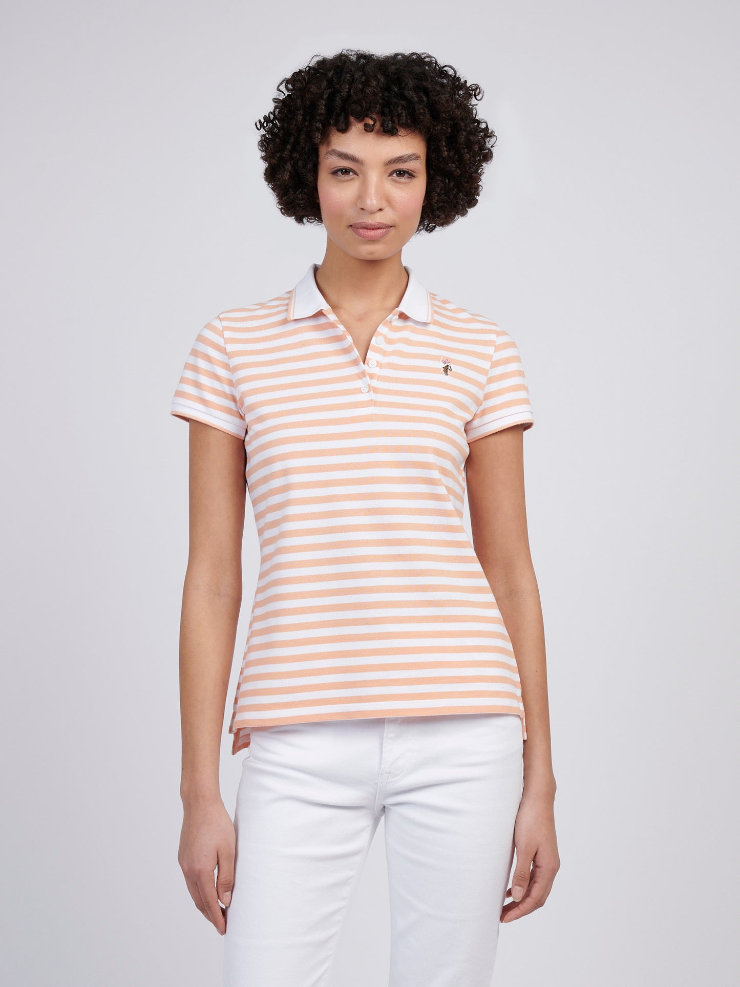 Womens Stripe Polo Shirt in Peach Nectar