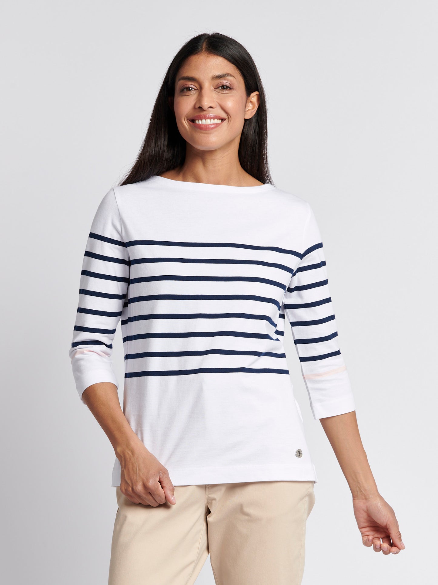 Womens Stripe 3/4 Sleeve Boat Neck T-Shirt in Navy Iris
