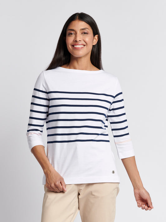 Womens Stripe 3/4 Sleeve Boat Neck T-Shirt in Navy Iris