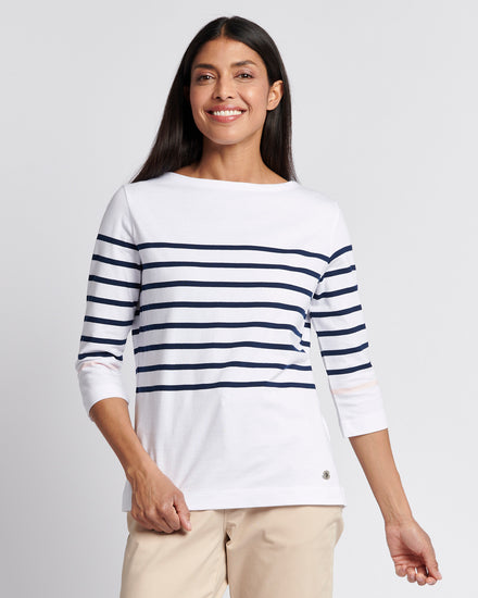 Womens Stripe 3/4 Sleeve Boat Neck T-Shirt in Navy Iris
