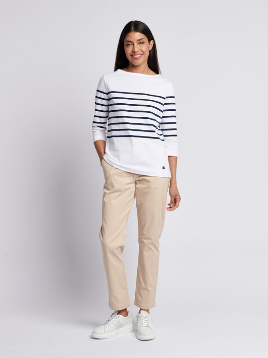 Womens Stripe 3/4 Sleeve Boat Neck T-Shirt in Navy Iris