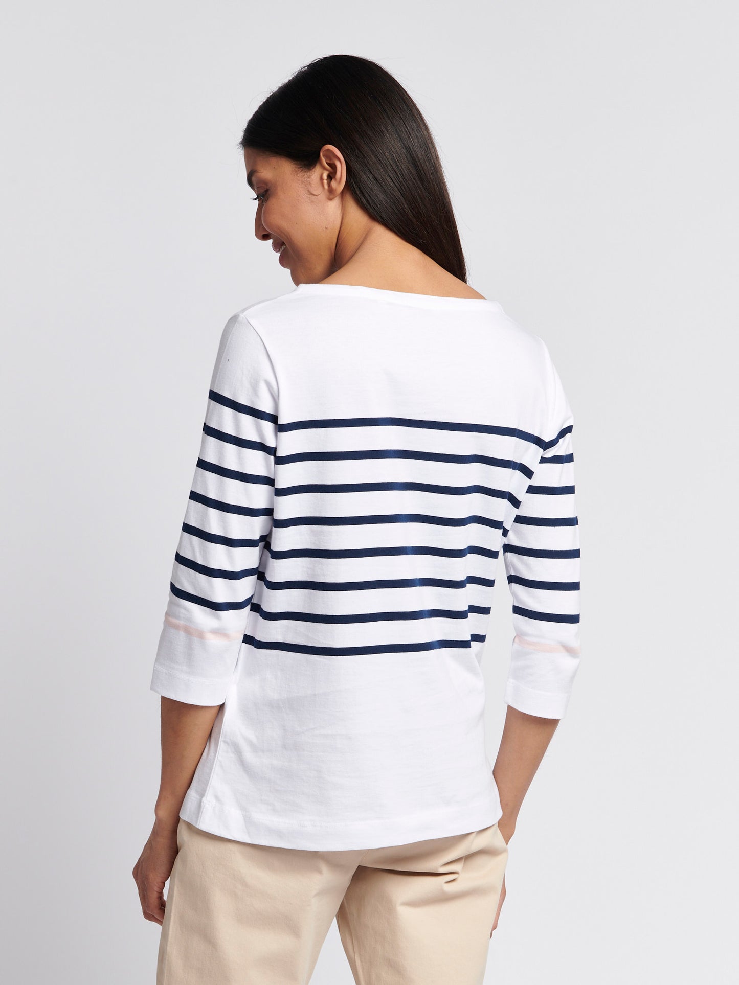 Womens Stripe 3/4 Sleeve Boat Neck T-Shirt in Navy Iris