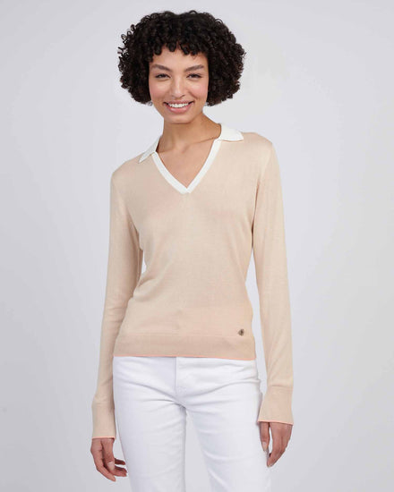 Womens Open Neck Long Sleeve Knit Polo in Smoke Gray