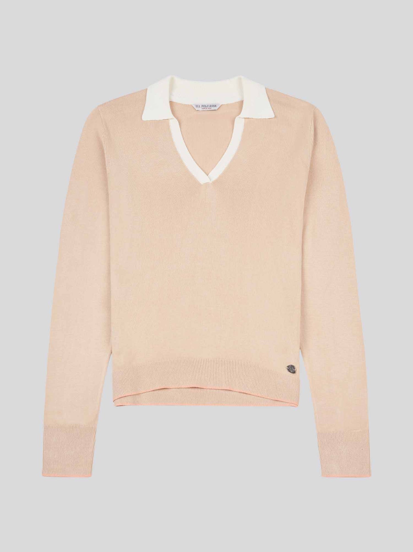 Womens Open Neck Long Sleeve Knit Polo in Smoke Gray