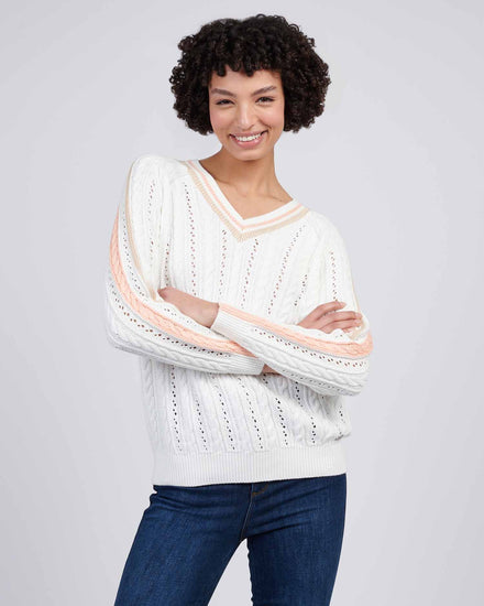 Womens Open Knit Cable Cricket Jumper in Marshmallow