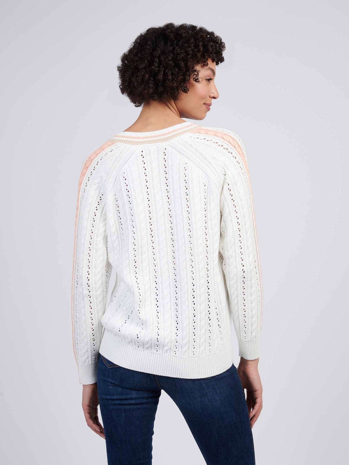 Womens Open Knit Cable Cricket Jumper in Marshmallow