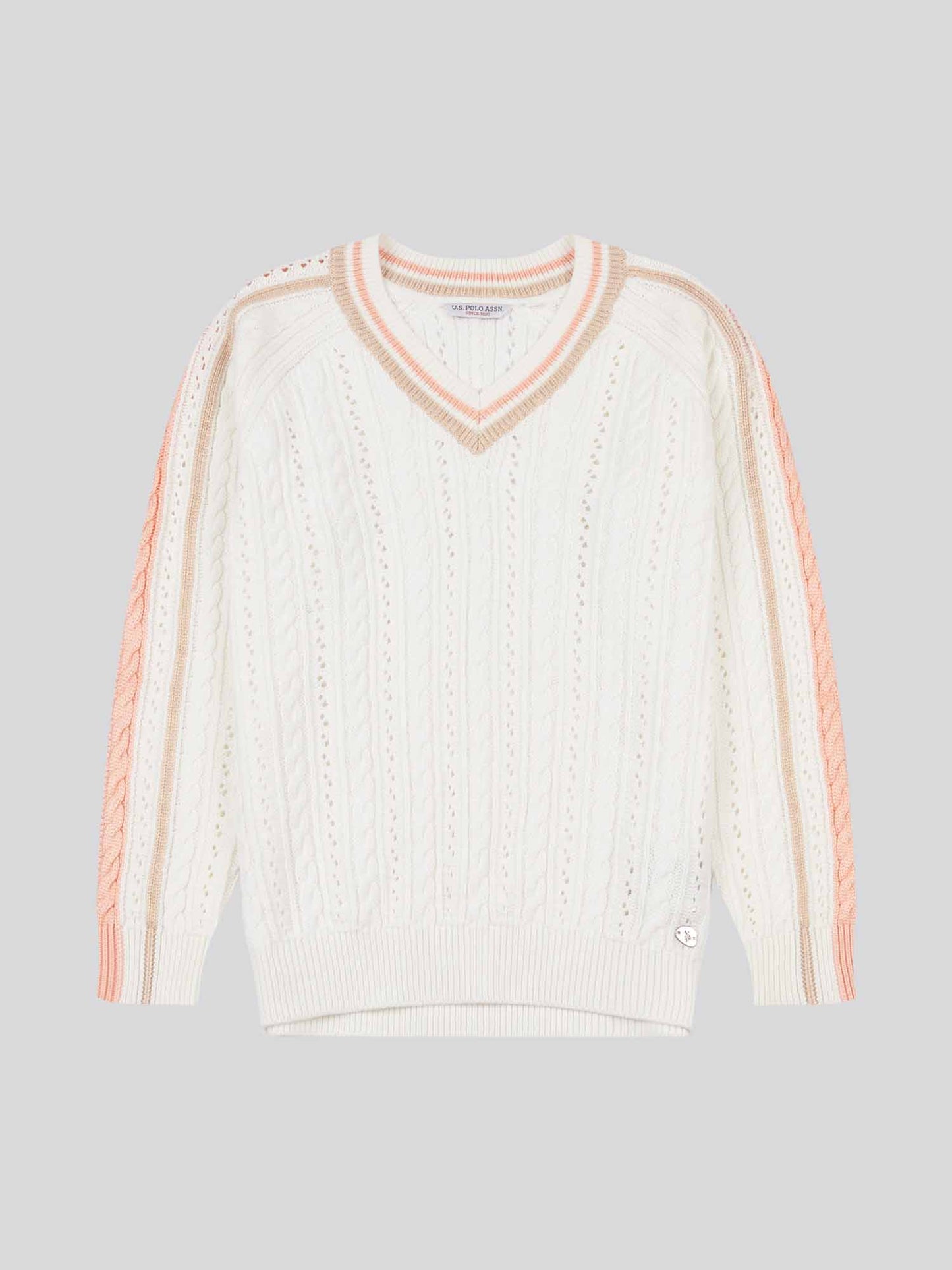 Womens Open Knit Cable Cricket Jumper in Marshmallow