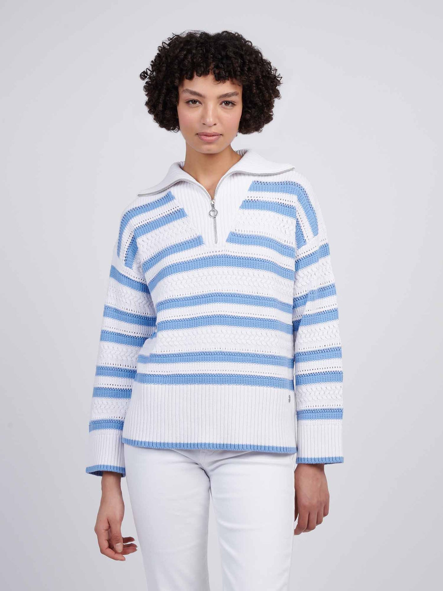 Womens Pointelle Stripe 1/4 Zip Jumper in Vista Blue