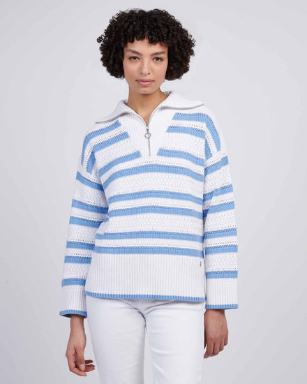 Womens Pointelle Stripe 1/4 Zip Jumper in Vista Blue