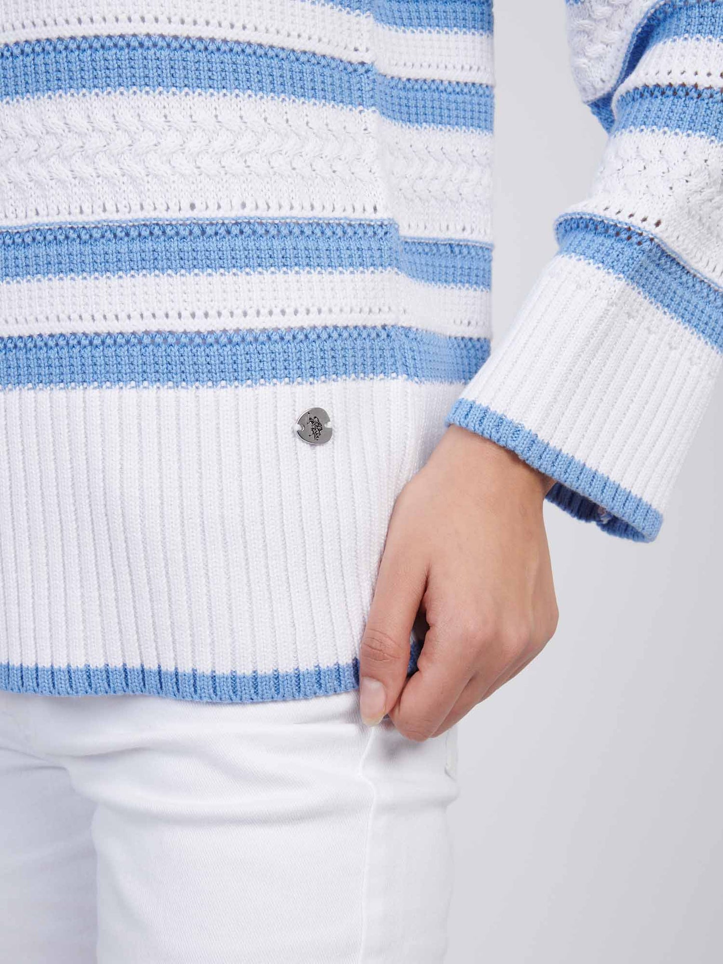 Womens Pointelle Stripe 1/4 Zip Jumper in Vista Blue