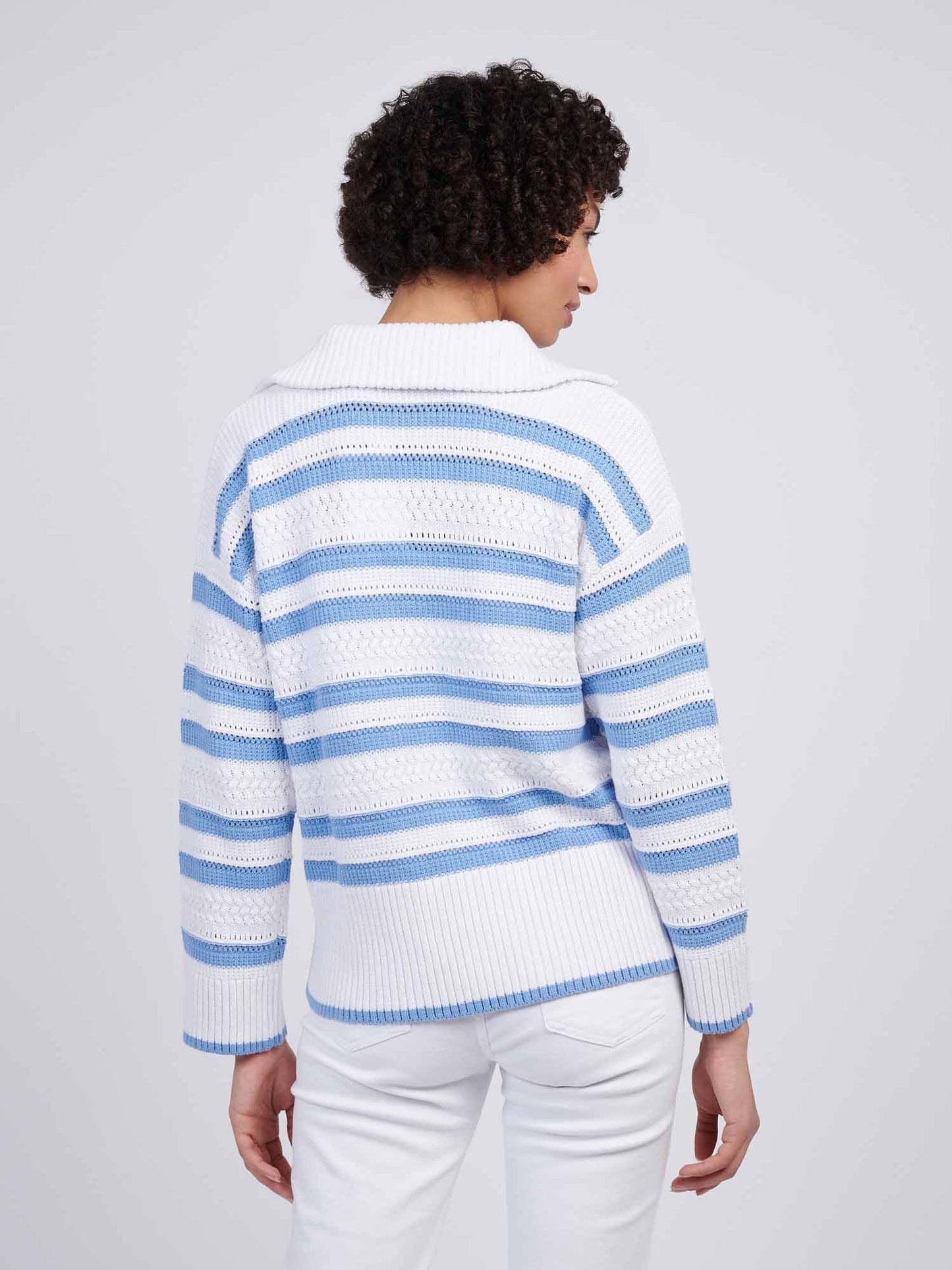 Womens Pointelle Stripe 1/4 Zip Jumper in Vista Blue