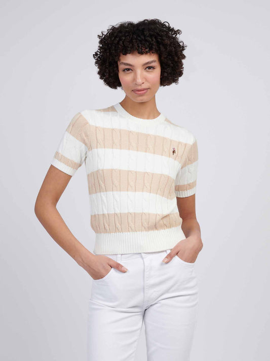 Womens Stripe Loose Cable Knit Short Sleeve Jumper in Marshmallow
