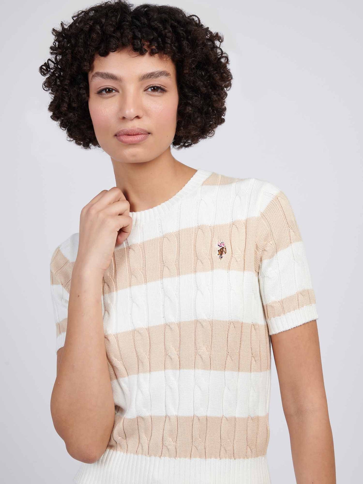 Womens Stripe Loose Cable Knit Short Sleeve Jumper in Marshmallow