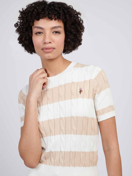 Womens Stripe Loose Cable Knit Short Sleeve Jumper in Marshmallow
