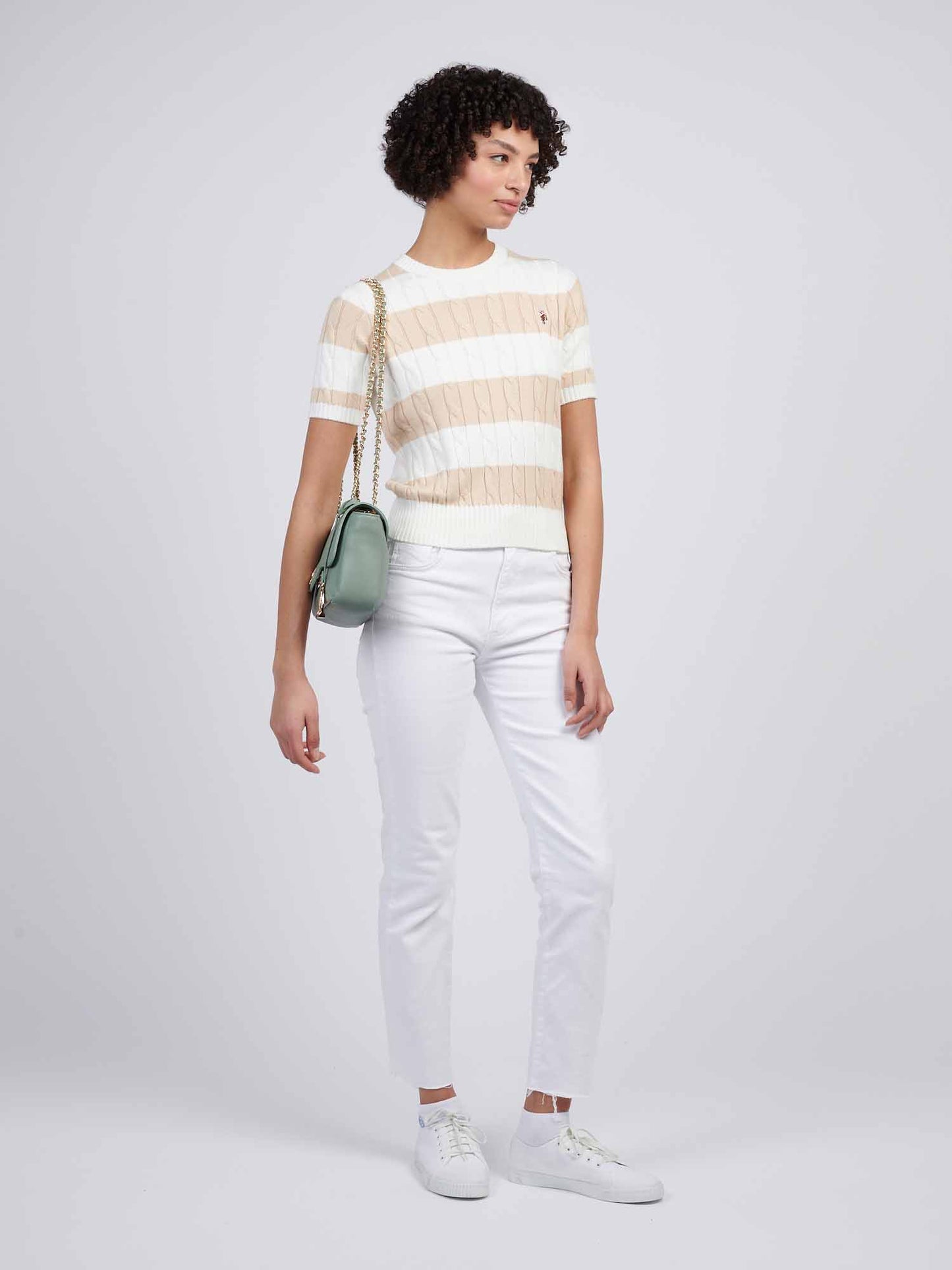 Womens Stripe Loose Cable Knit Short Sleeve Jumper in Marshmallow