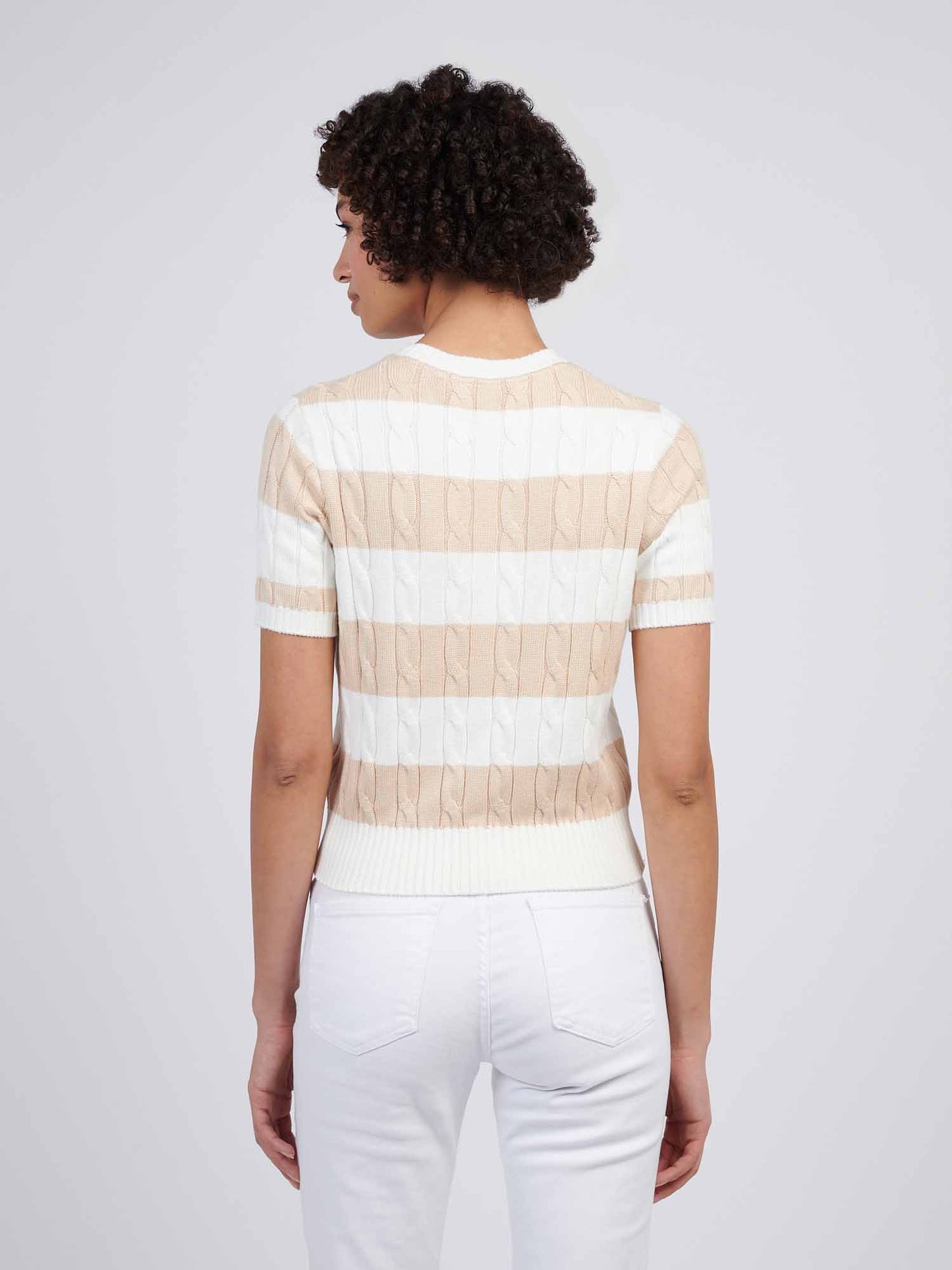 Womens Stripe Loose Cable Knit Short Sleeve Jumper in Marshmallow
