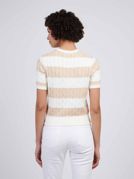 Womens Stripe Loose Cable Knit Short Sleeve Jumper in Marshmallow