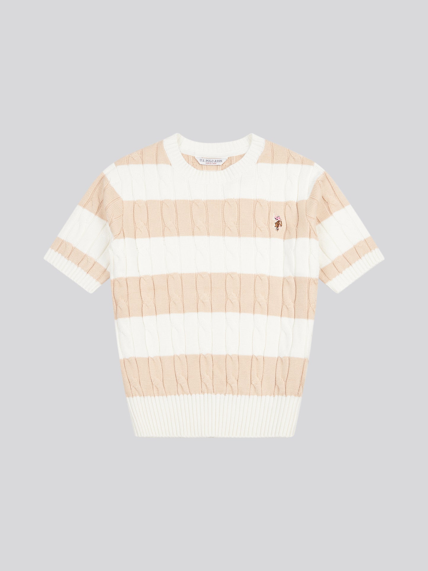 Womens Stripe Loose Cable Knit Short Sleeve Jumper in Marshmallow