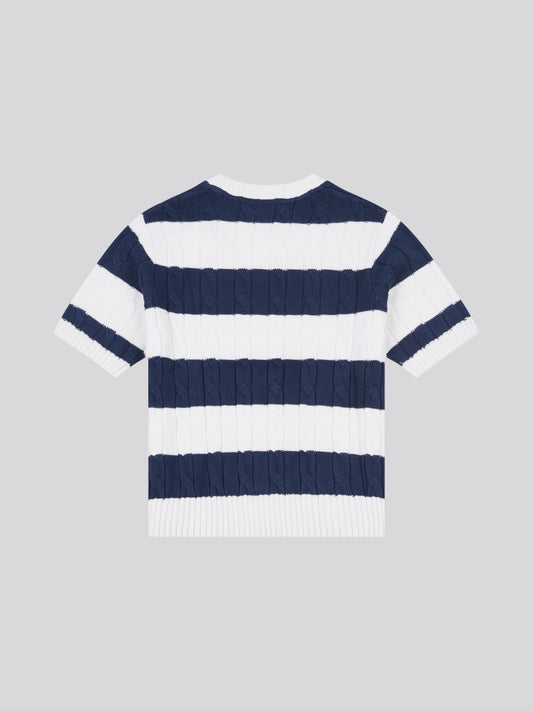 Womens Stripe Loose Cable Knit Short Sleeve Jumper in Navy Iris