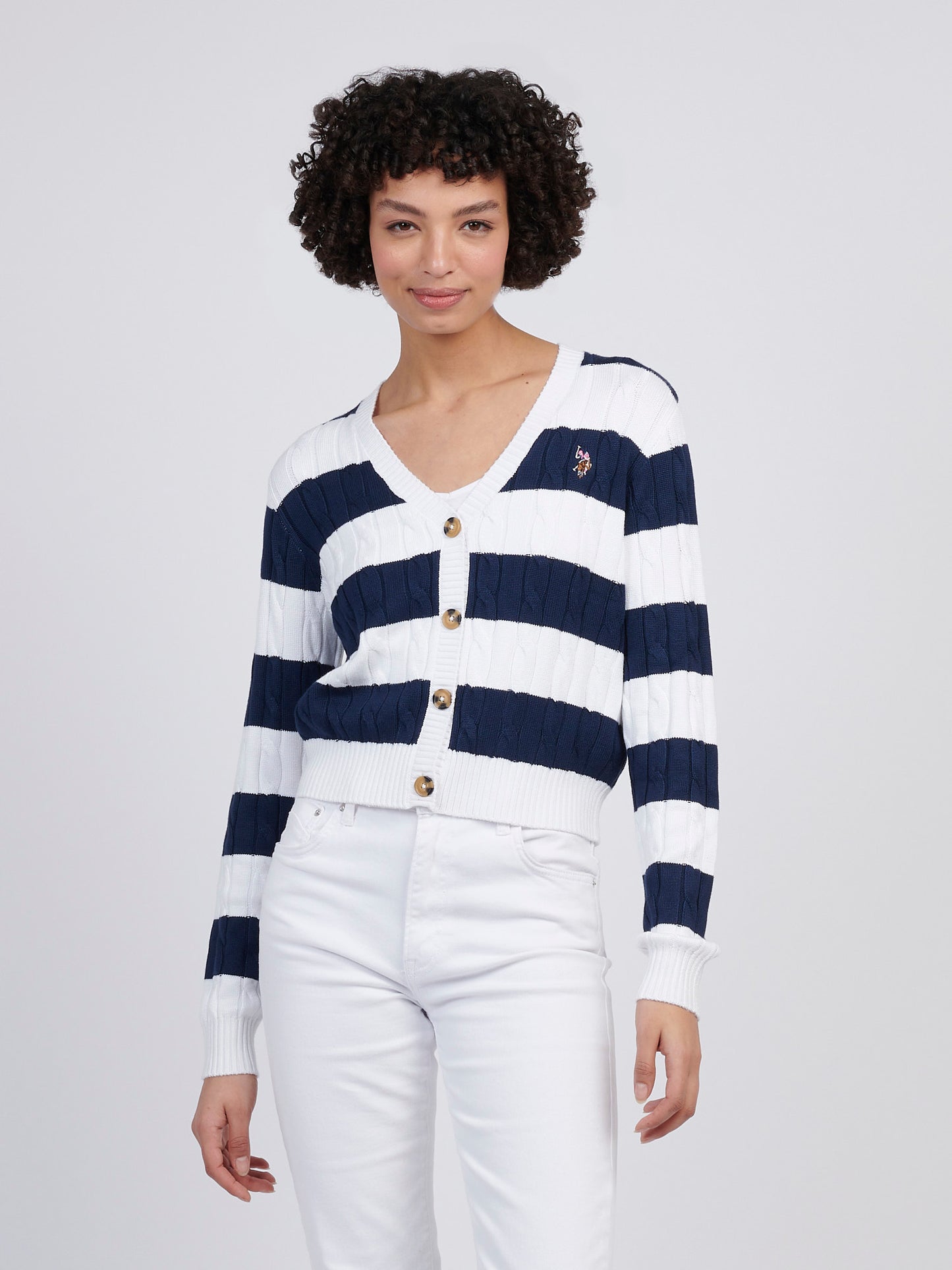 Womens Stripe Loose Cable Knit Cardigan in Navy Iris