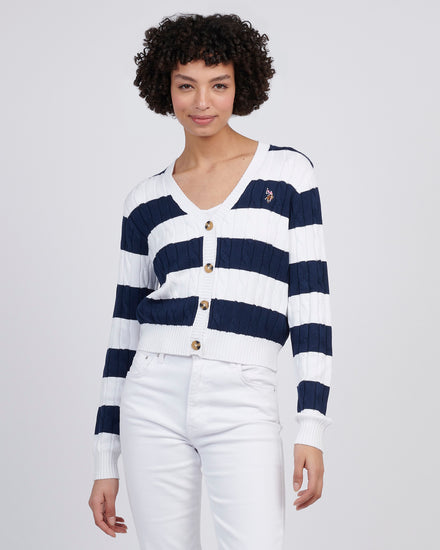Womens Stripe Loose Cable Knit Cardigan in Navy Iris