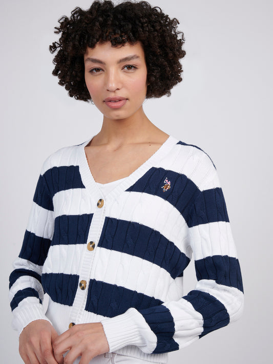 Womens Stripe Loose Cable Knit Cardigan in Navy Iris