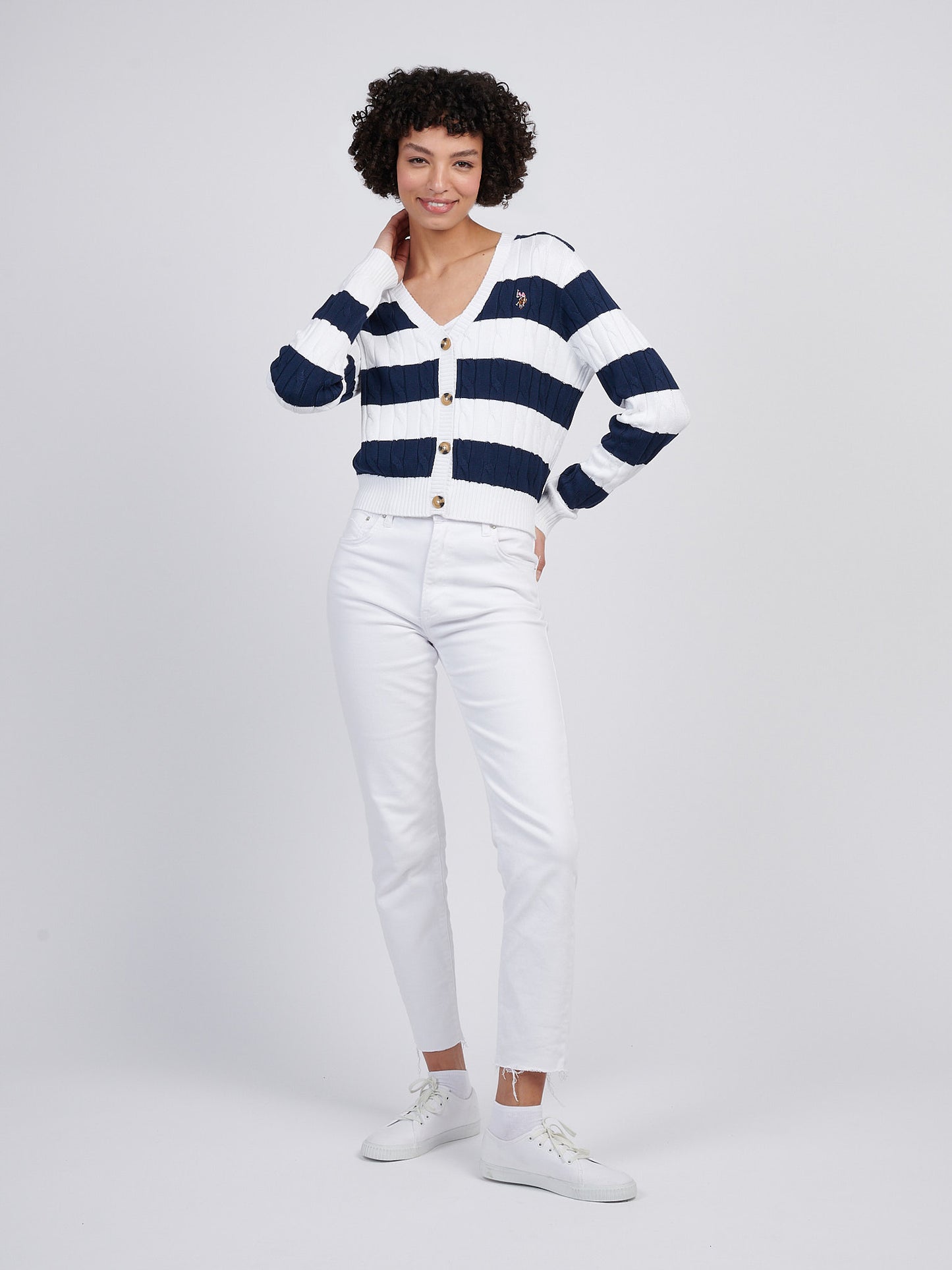 Womens Stripe Loose Cable Knit Cardigan in Navy Iris