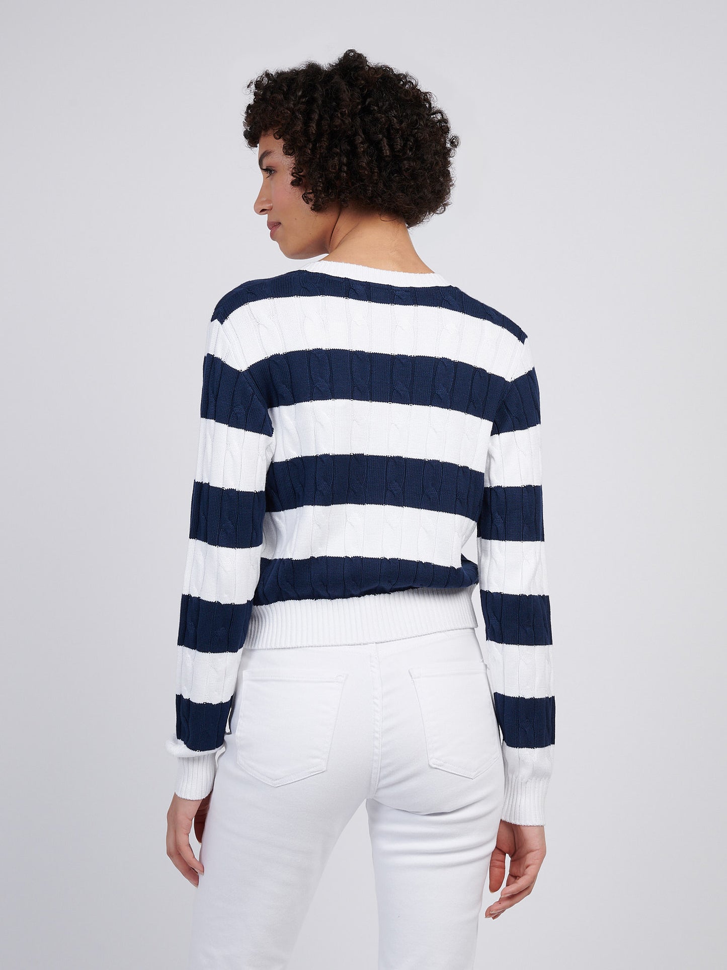 Womens Stripe Loose Cable Knit Cardigan in Navy Iris