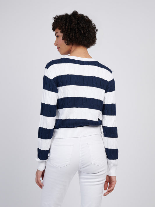 Womens Stripe Loose Cable Knit Cardigan in Navy Iris