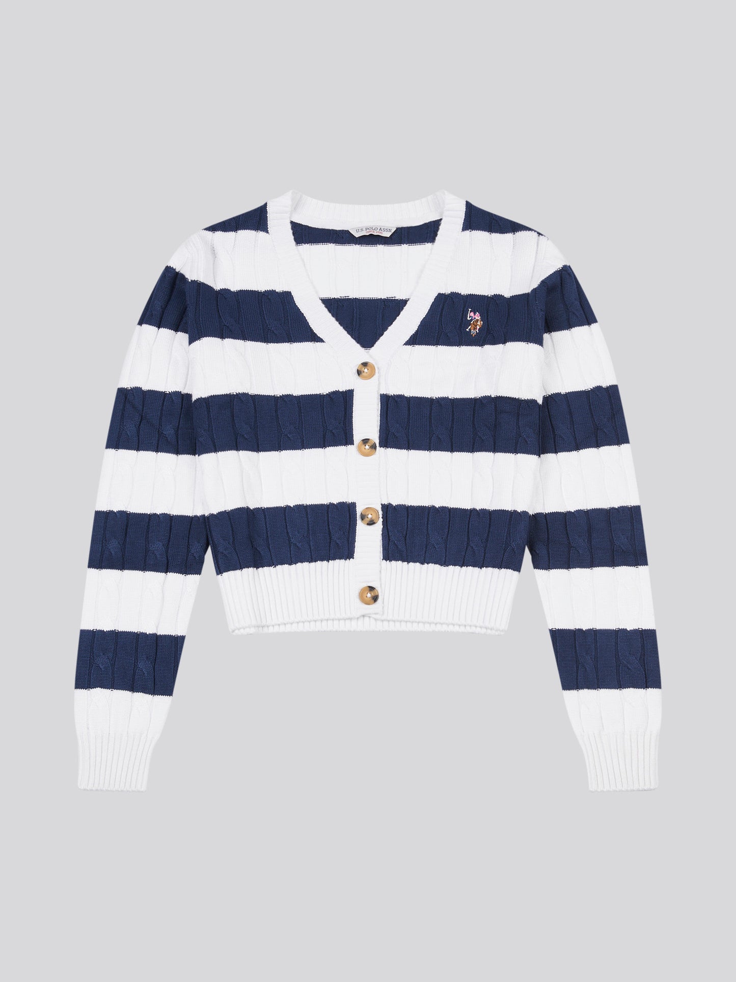 Womens Stripe Loose Cable Knit Cardigan in Navy Iris