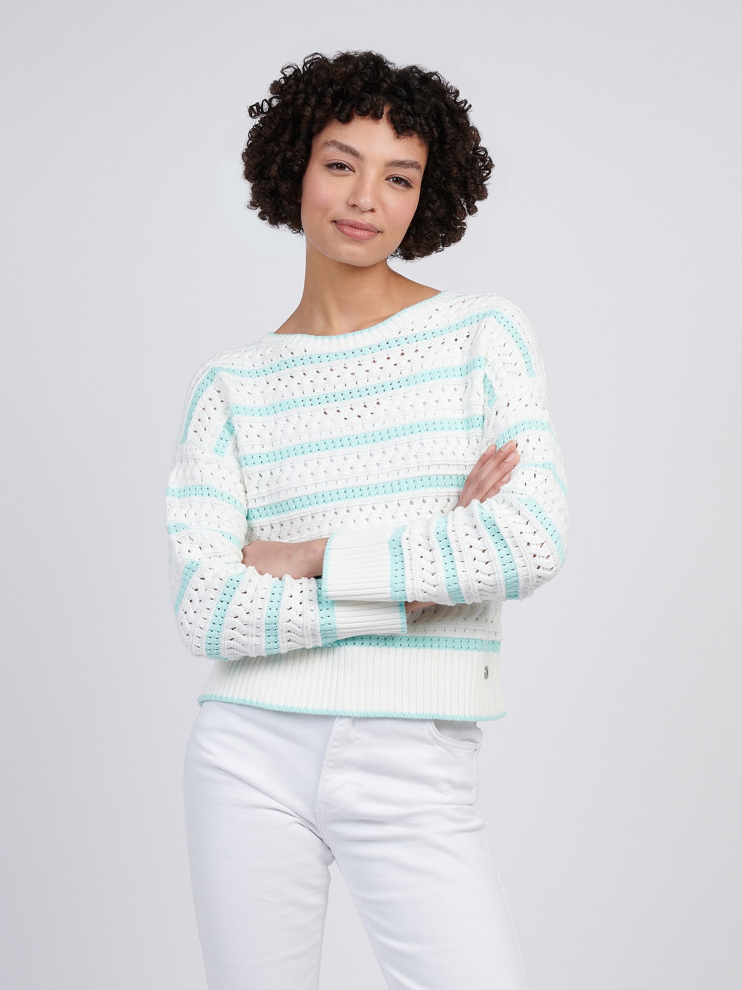 Womens Stripe Open Knit Cable Jumper in Blue Light