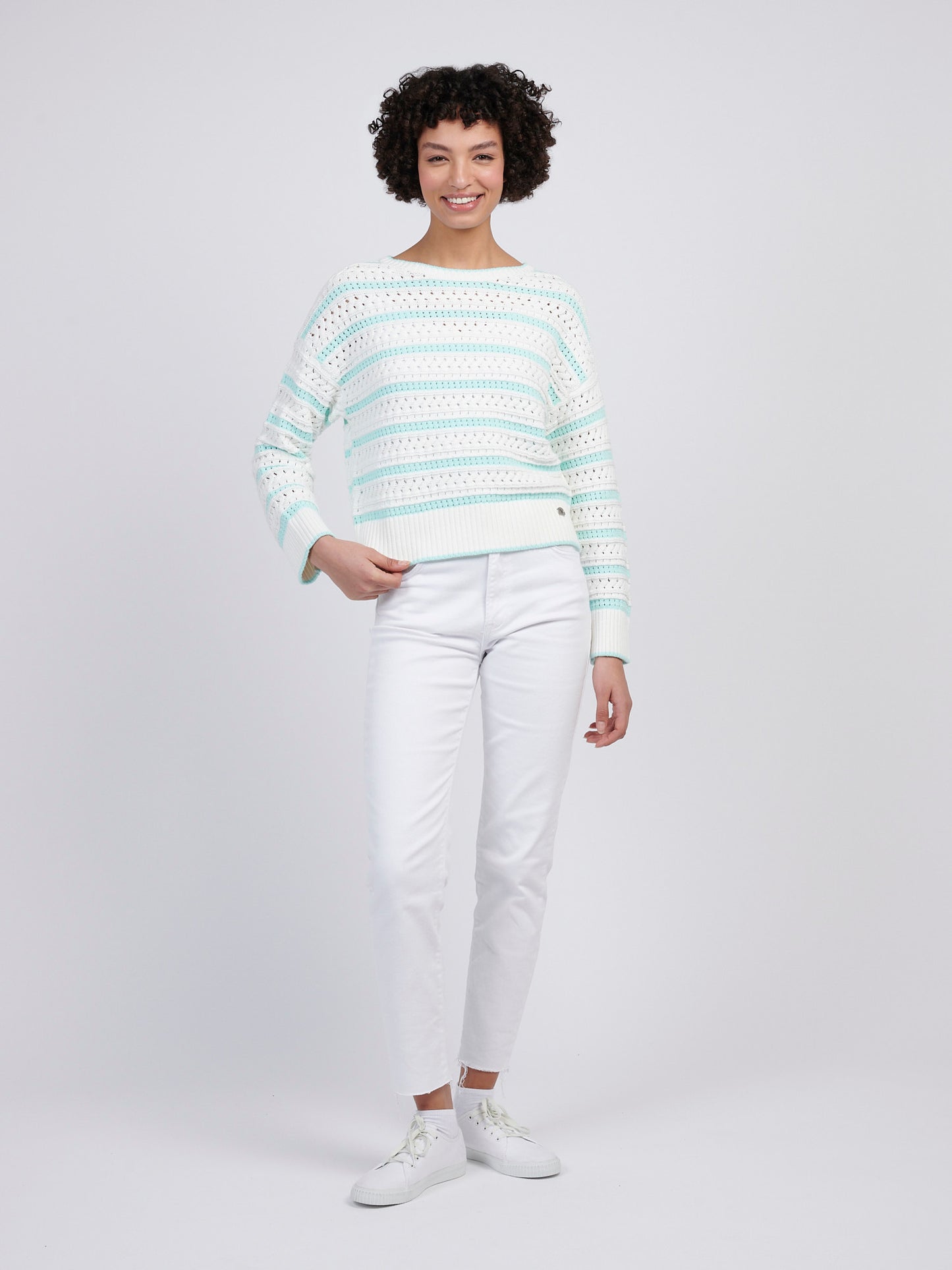 Womens Stripe Open Knit Cable Jumper in Blue Light