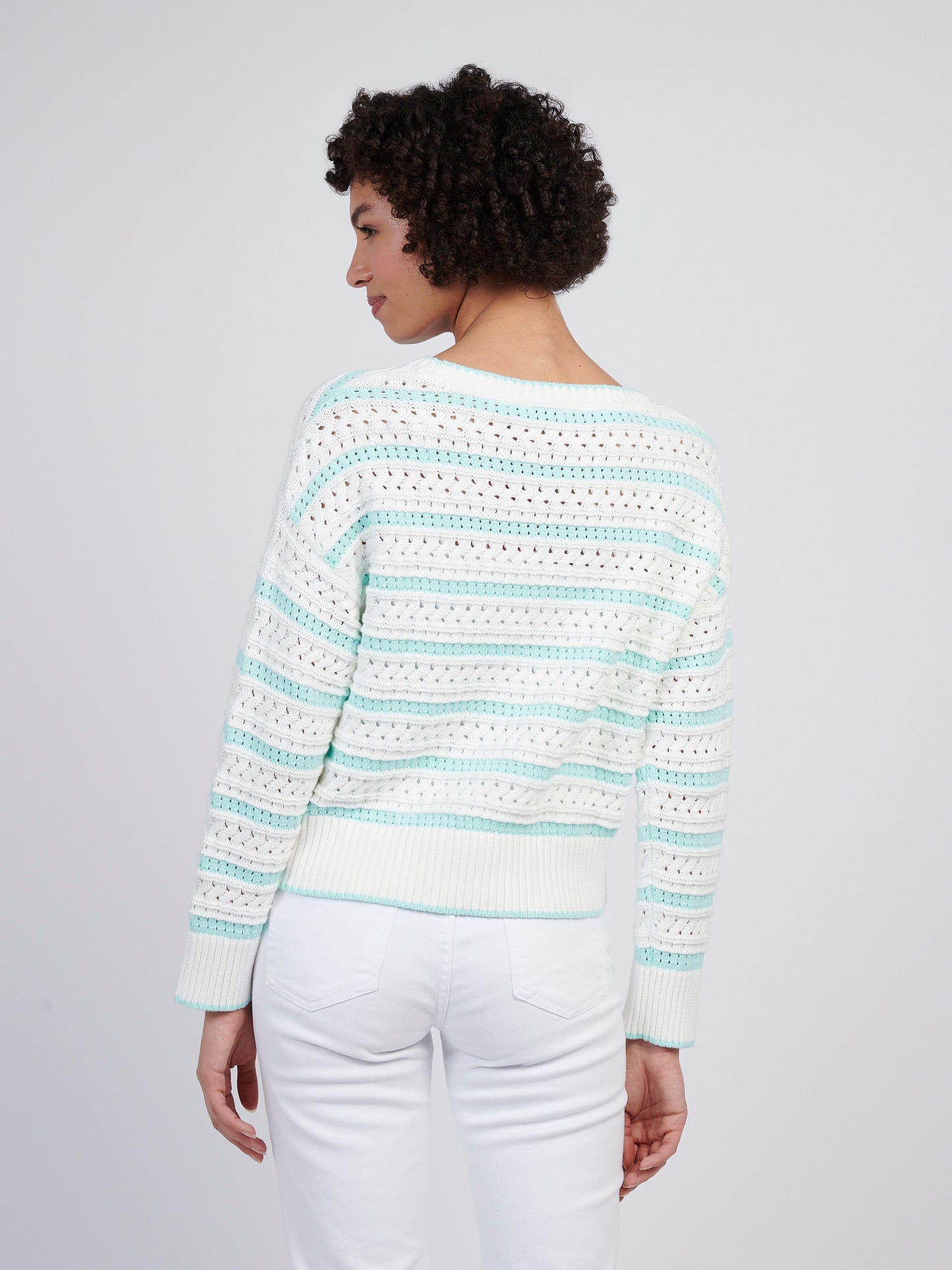 Womens Stripe Open Knit Cable Jumper in Blue Light