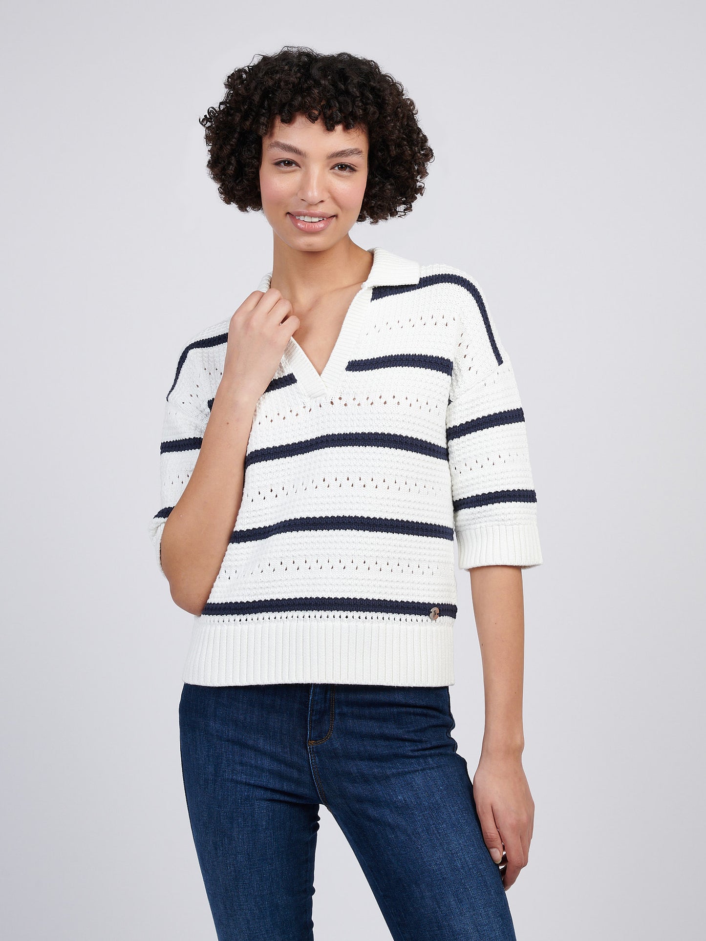 Womens Open Colour Stripe Pointelle Jumper in Navy Iris