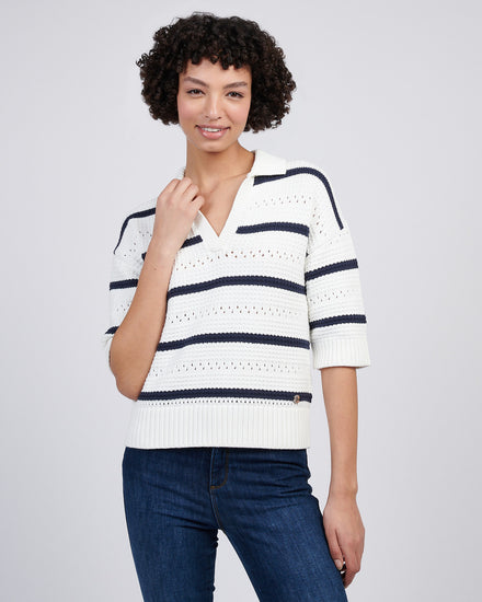 Womens Open Colour Stripe Pointelle Jumper in Navy Iris
