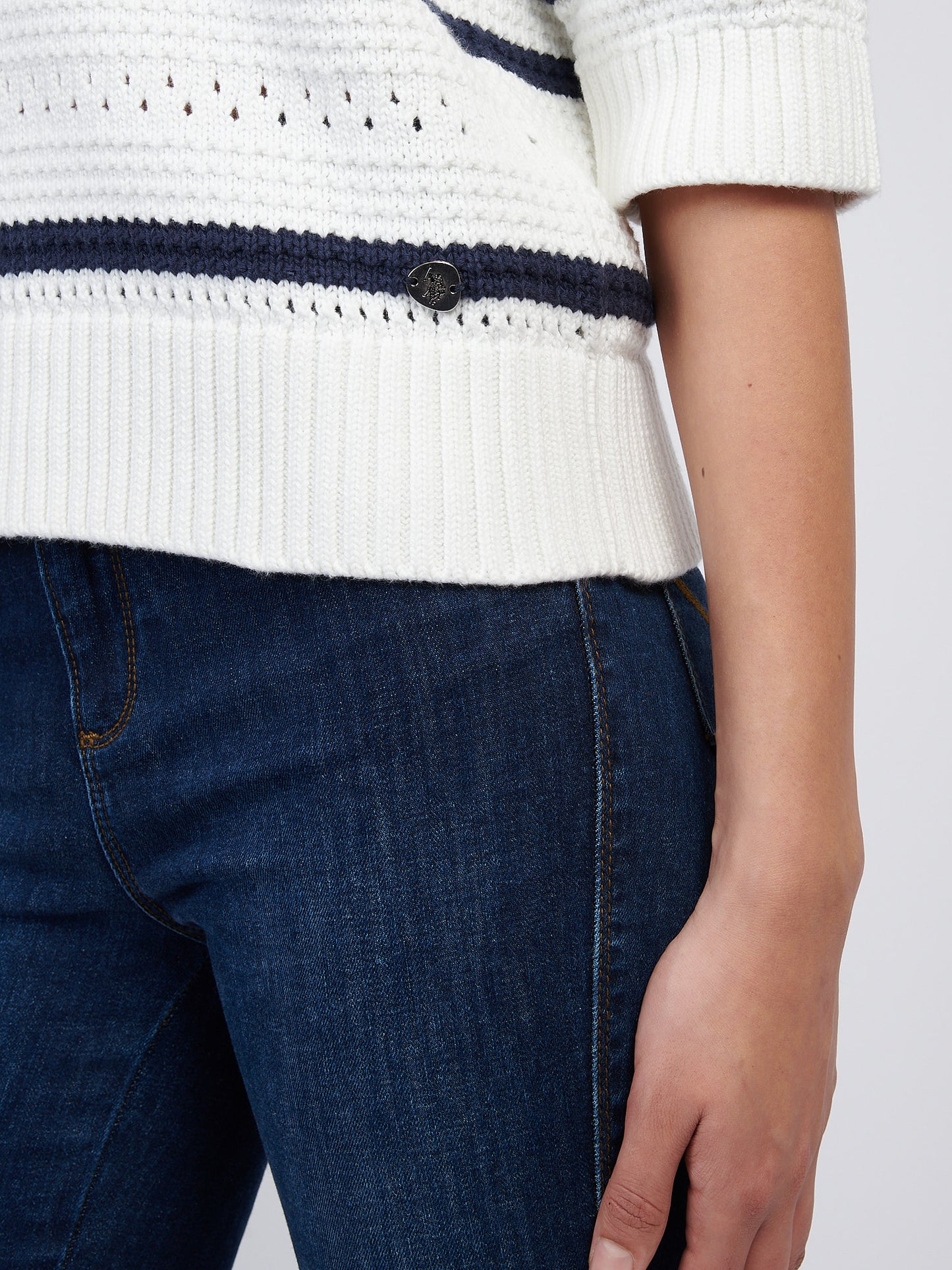 Womens Open Colour Stripe Pointelle Jumper in Navy Iris